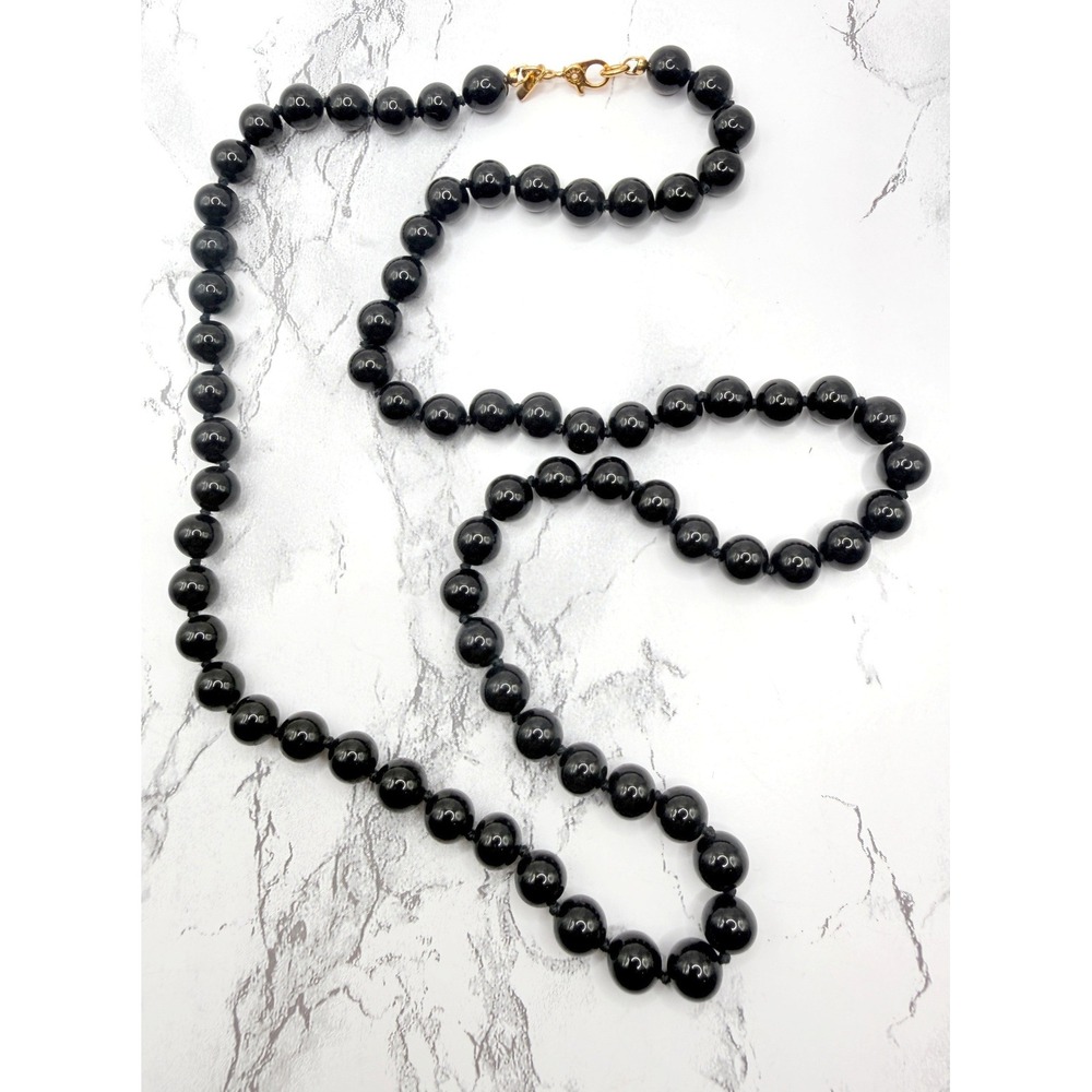 Vintage Signed Monet Black Glass Bead Necklace 23 Inch Gold Tone